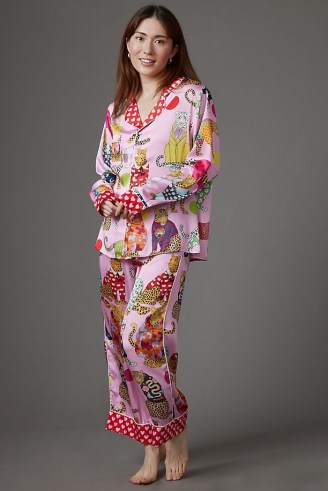 Karen Mabon Printed Pyjama Set Pink ~ women’s fun wild cat print pyjamas ~ womens printed PJs ~ nightwear ~ sleepwear sets - flipped
