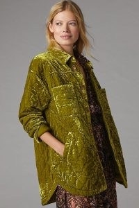 ANTHROPOLOGIE Quilted Velvet Shirt Jacket Chartreuse ~ womens luxe style shackets ~ women’s on-trend overshirts