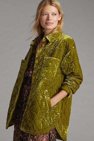 ANTHROPOLOGIE Quilted Velvet Shirt Jacket Chartreuse ~ womens luxe style shackets ~ women’s on-trend overshirts - flipped