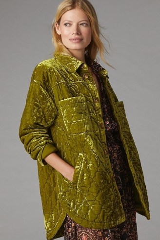 ANTHROPOLOGIE Quilted Velvet Shirt Jacket Chartreuse ~ womens luxe style shackets ~ women’s on-trend overshirts