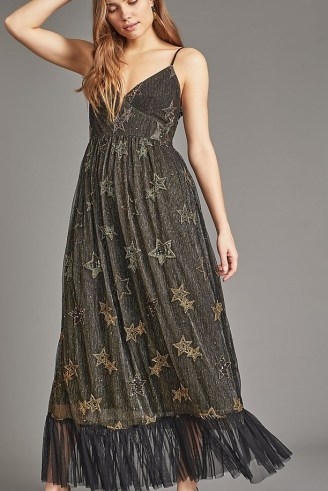 ANTHROPOLOGIE Star-Embellished Corset Midi Dress in Black / feminine skinny strap fitted bodice party dresses - flipped