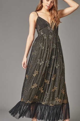 ANTHROPOLOGIE Star-Embellished Corset Midi Dress in Black / feminine skinny strap fitted bodice party dresses