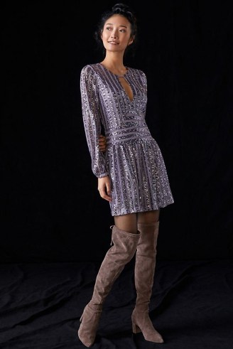 ANTHROPOLOGIE Sequined Open-Back Mini Dress in Lilac / sequinned long sleeve front keyhole cut-out party dresses - flipped