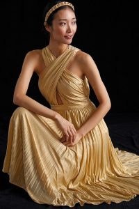 Verb by Pallavi Singhee Pleated Halter Midi Dress in Gold / halterneck fit and flare party dresses / glamorous evening occasion fashion