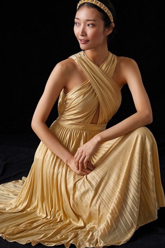 Verb by Pallavi Singhee Pleated Halter Midi Dress in Gold / halterneck fit and flare party dresses / glamorous evening occasion fashion - flipped