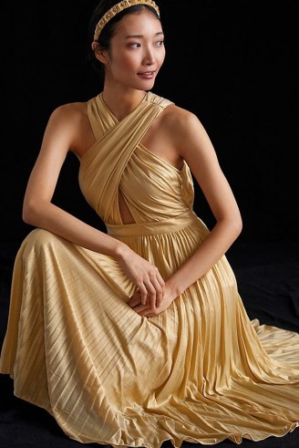 Verb by Pallavi Singhee Pleated Halter Midi Dress in Gold / halterneck fit and flare party dresses / glamorous evening occasion fashion