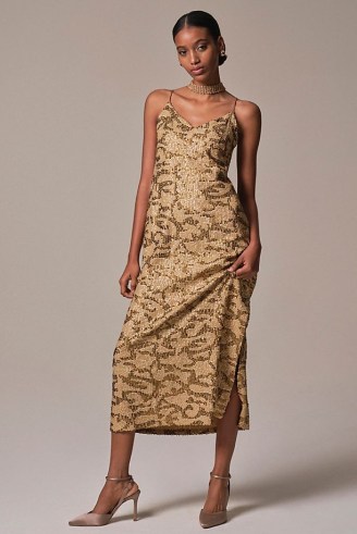 ANTHROPOLOGIE Sequined Slip Midi Dress in Gold / sequinned cami dresses / split hem party fashion / glittering evening occasion wear