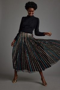 Geisha Designs Sequin-Embellished Striped Maxi Skirt / stripe sequinned party skirts