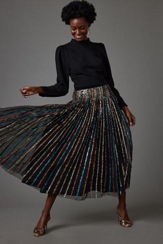 Geisha Designs Sequin-Embellished Striped Maxi Skirt / stripe sequinned party skirts - flipped