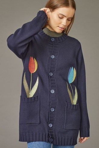Resume Jony Cardigan in Navy / womens dark blue floral embroidered cardigans - flipped
