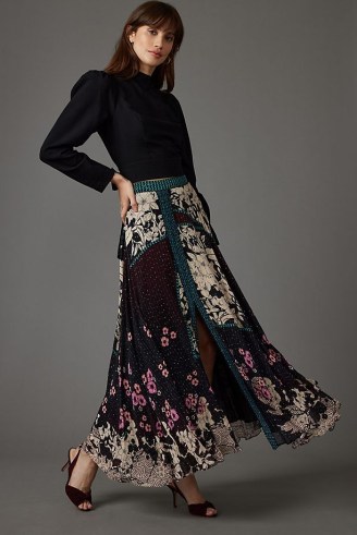 Bhanuni by Jyoti Printed Midi Skirt Black Motif / mixed floral print skirts - flipped