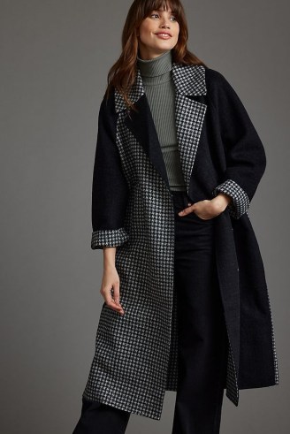 Current Air Houndstooth Coat in Black / womens check print paneled coats / women’s checked outerwear