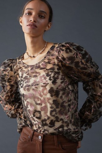 Eva Franco Sheer Leopard Top Brown Motif / animal print puff sleeve tops - flipped