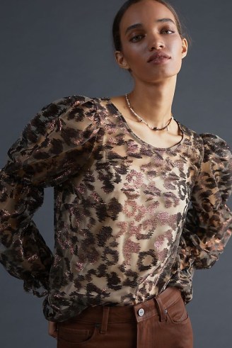 Eva Franco Sheer Leopard Top Brown Motif / animal print puff sleeve tops
