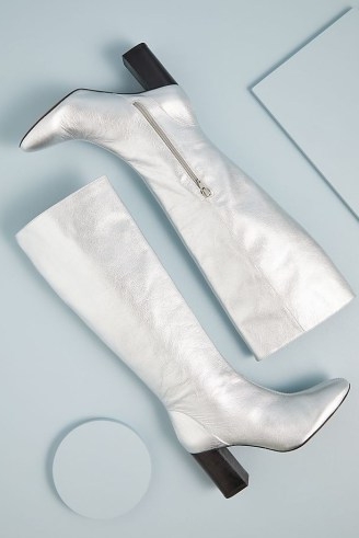 Sapena Metallic Knee-High Boots in Silver / womens shiny retro footwear