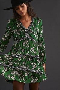 ANTHROPOLOGIE Tiered V-Neck Mini Dress in green – long sleeve fruffle trim floral print dresses