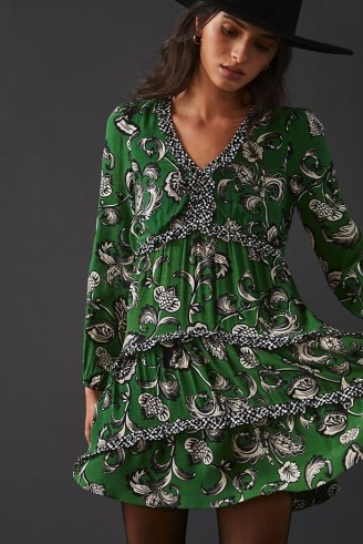 ANTHROPOLOGIE Tiered V-Neck Mini Dress in green – long sleeve fruffle trim floral print dresses - flipped