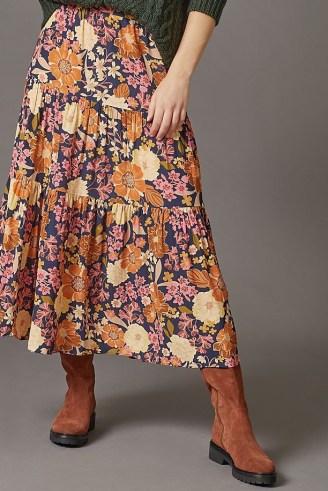 ANTHROPOLOGIE Tiered Floral Midi Skirt – flower print skirts - flipped