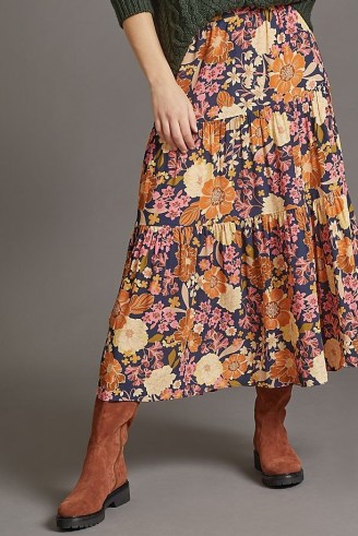 ANTHROPOLOGIE Tiered Floral Midi Skirt – flower print skirts