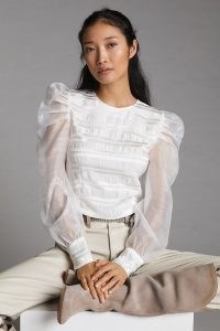 Dolan Left Coast Puff-Sleeved Blouse White | romantic style sheer sleeve blouses| romance inspired tops