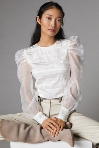 Dolan Left Coast Puff-Sleeved Blouse White | romantic style sheer sleeve blouses| romance inspired tops - flipped