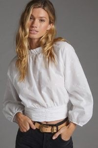 Maeve Polka Dot Puff-Sleeved Blouse White | romance inspired blouses | romantic style high ruffled neck volume sleeve tops
