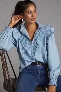 Love The Label Ruffled Chambray Buttondown Shirt in Blue | womens lightweight denim shirts | romantic ruffle detail fashion