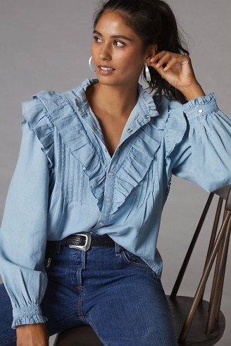 Love The Label Ruffled Chambray Buttondown Shirt in Blue | womens lightweight denim shirts | romantic ruffle detail fashion - flipped