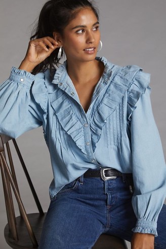 Love The Label Ruffled Chambray Buttondown Shirt in Blue | womens lightweight denim shirts | romantic ruffle detail fashion