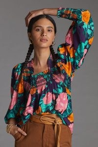 Plenty by Tracy Reese Puff-Sleeved Floral Blouse in Pink Combo / square neck puff sleeve blouses / bold flower prints