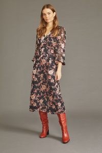 Kachel Silk Burnout Midi Dress / long sheer sleeve floral print dresses / devoré fashion