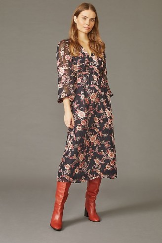 Kachel Silk Burnout Midi Dress / long sheer sleeve floral print dresses / devoré fashion - flipped