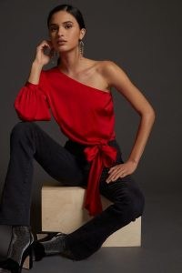 Mare Mare Draped Puff-Sleeved Blouse in Red – asymmetric one sleeve party tops – glamorous evening occasion blouses