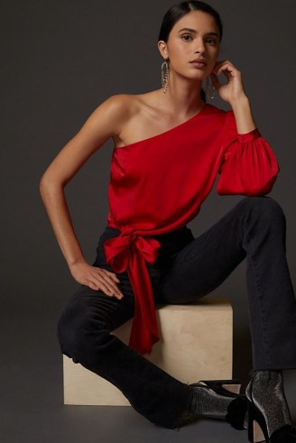 Mare Mare Draped Puff-Sleeved Blouse in Red – asymmetric one sleeve party tops – glamorous evening occasion blouses - flipped