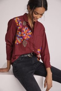 Maeve Embroidered Buttondown Shirt in Wine – women’s dark red floral shirts