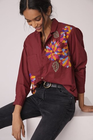 Maeve Embroidered Buttondown Shirt in Wine – women’s dark red floral shirts - flipped