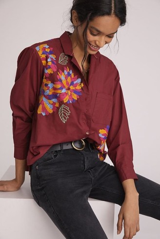 Maeve Embroidered Buttondown Shirt in Wine – women’s dark red floral shirts