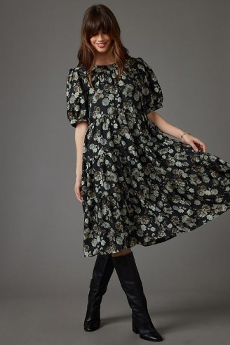 Second Female Ellea Midi Dress Black / floral print puff sleeve tiered hem dresses - flipped