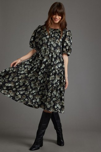 Second Female Ellea Midi Dress Black / floral print puff sleeve tiered hem dresses