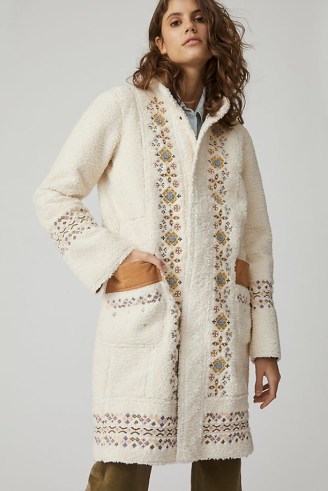Maeve Embroidered Sherpa Coat in Cream / floral textured fur coats / women’s faux shearling outerwear - flipped
