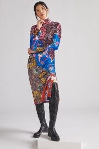 ANTHROPOLOGIE Slim High-Neck Midi Dress in Blue Motif / multi floral print fashion / long sleeve high neck dresses / mixed prints