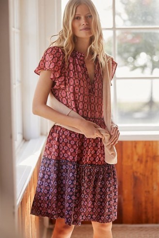 ANTHROPOLOGIE Penrose Tiered Tunic Dress in Raspberry / feminine short sleeve floral dresses - flipped