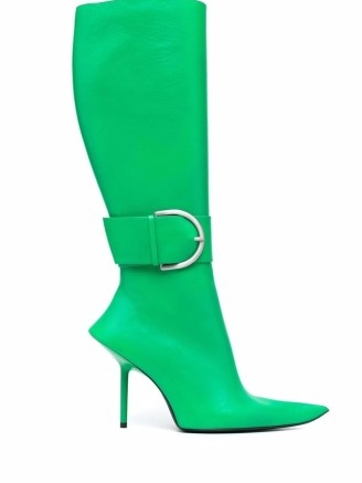 Balenciaga pointed-toe green leather boots – buckle detail knee high boots - flipped