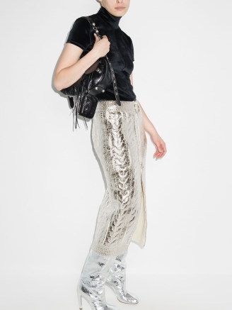 Balmain cable-knit metallic skirt / shiny silver tone midi skirts
