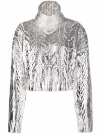 Balmain metallic-effect roll neck jumper in silver | womens glamorous knitwear | women’s designer high neck jumpers