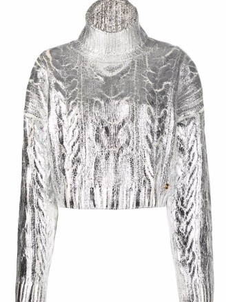 Balmain metallic-effect roll neck jumper in silver | womens glamorous knitwear | women’s designer high neck jumpers