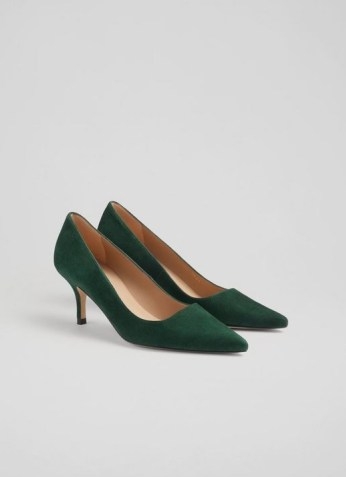 L.K. BENNETT BEATRICE FOREST GREEN SUEDE KITTEN HEEL COURTS ~ pointed toe court shoes ~ winter colours ~ womens footwear - flipped