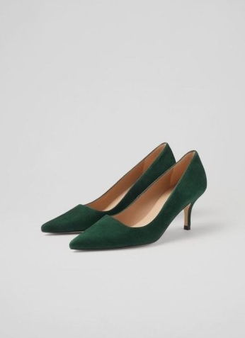 L.K. BENNETT BEATRICE FOREST GREEN SUEDE KITTEN HEEL COURTS ~ pointed toe court shoes ~ winter colours ~ womens footwear