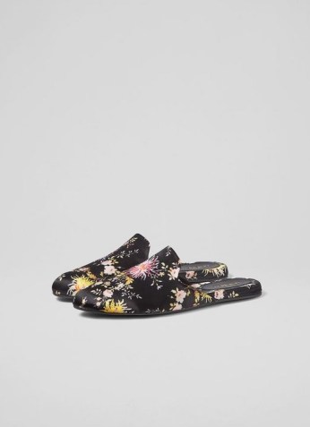 L.K. BENNETT BECCA BLACK SATIN FLATS ~ luxe floral flat mule style slippers ~ womens loungewear ~ women’s nightwear - flipped