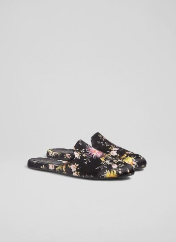 L.K. BENNETT BECCA BLACK SATIN FLATS ~ luxe floral flat mule style slippers ~ womens loungewear ~ women’s nightwear